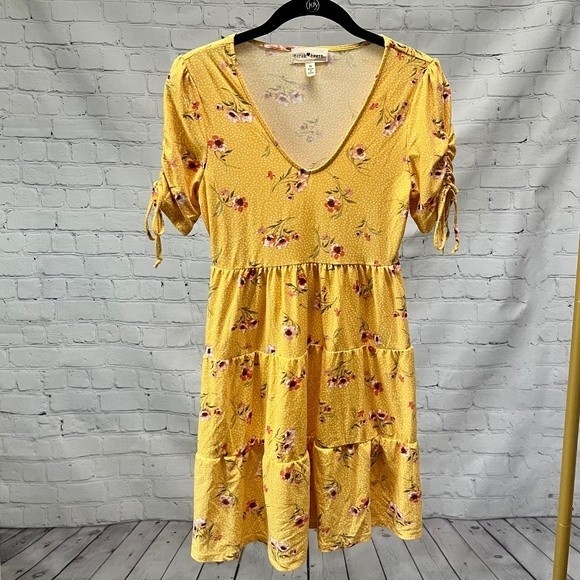 Derek Heart Women's Yellow Floral V-Neck Dress Size S - Picture 1 of 5